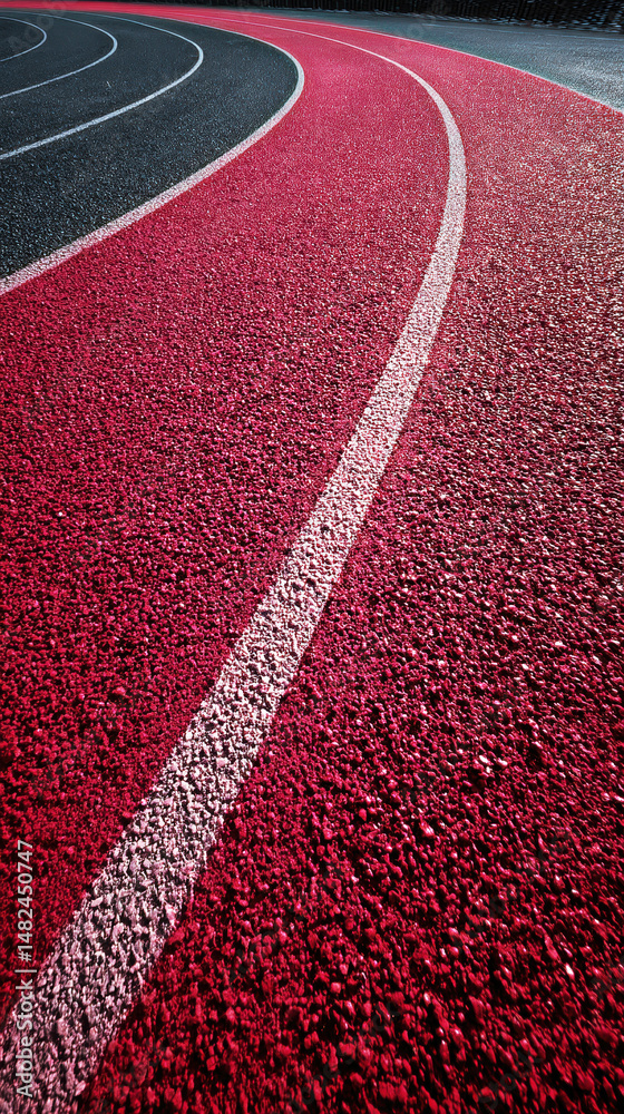 A close-up view of a vibrant running track, showcasing the smooth curves and textured surfaces.