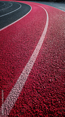 A close-up view of a vibrant running track, showcasing the smooth curves and textured surfaces.
