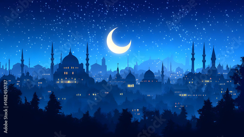 Night Cityscape: Crescent Moon, Stars Shine