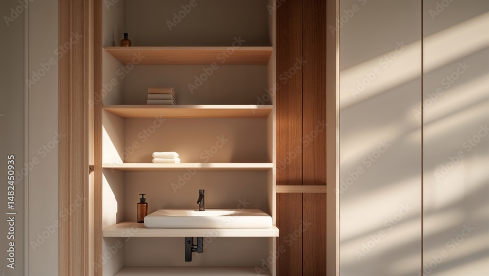 Fototapeta premium Modern bathroom design showcasing minimalist shelving and elegant sink in a serene environment