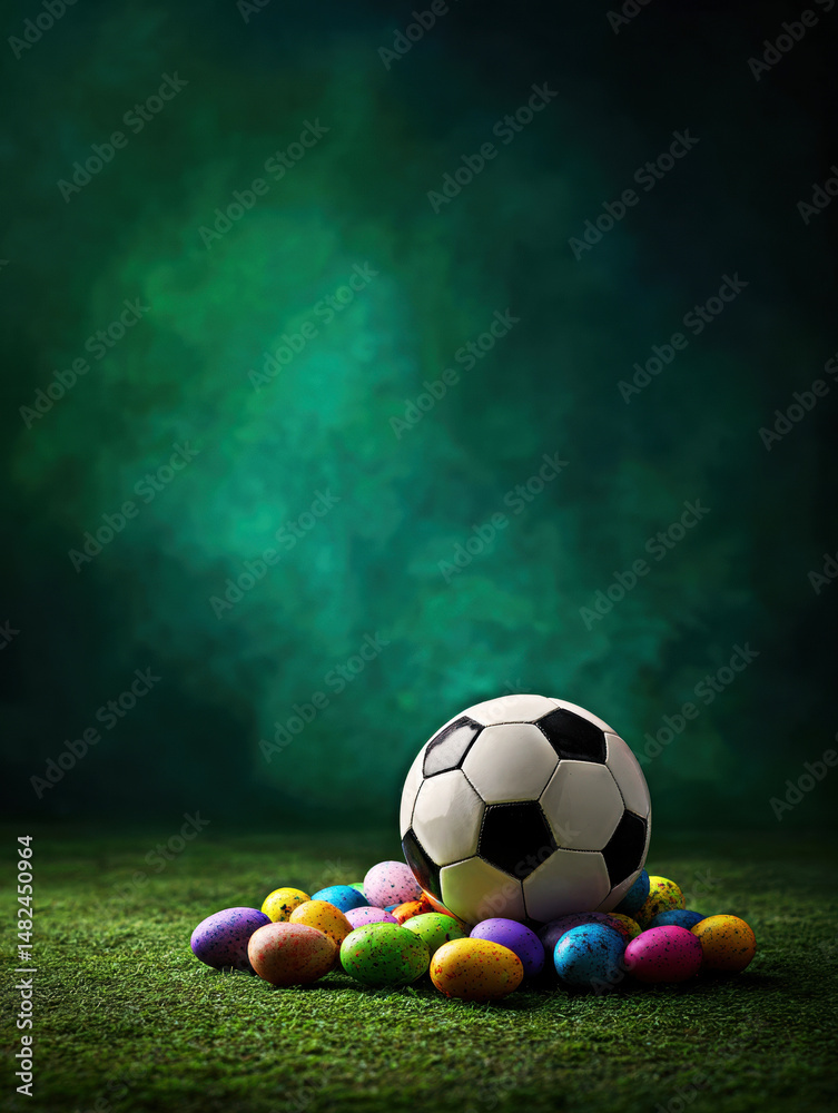 A playful arrangement of a soccer ball surrounded by colorful Easter eggs on vibrant green grass, blending sports enthusiasm with festive cheer in a whimsical composition.