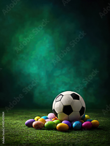 Obraz na płótnie A playful arrangement of a soccer ball surrounded by colorful Easter eggs on vibrant green grass, blending sports enthusiasm with festive cheer in a whimsical composition. w salonie