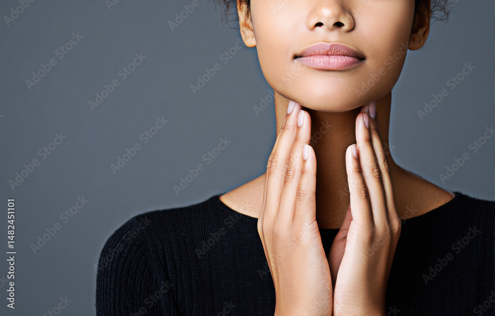 A close-up of a serene woman gently touching her neck, showcasing grace and beauty against a muted background.