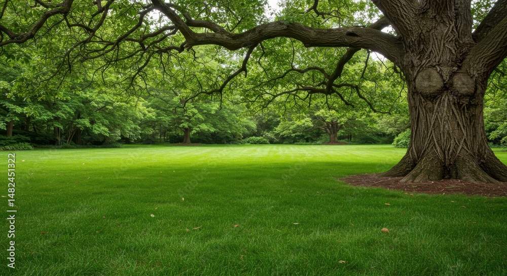 Lush Green Park with Majestic Tree and Expansive Lawn Under Clear Sky Lush Green Park with Majestic Tree and Expansive Lawn Under Clear Sky
