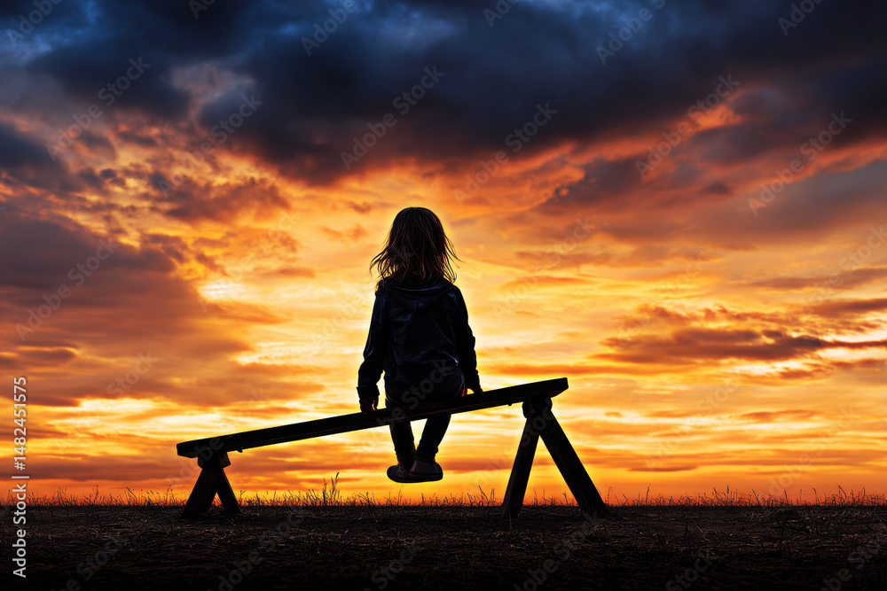 A silhouette of a child sitting on a bench, gazing at a breathtaking sunset filled with vibrant colors, evoking feelings of wonder and tranquility in the evening sky.