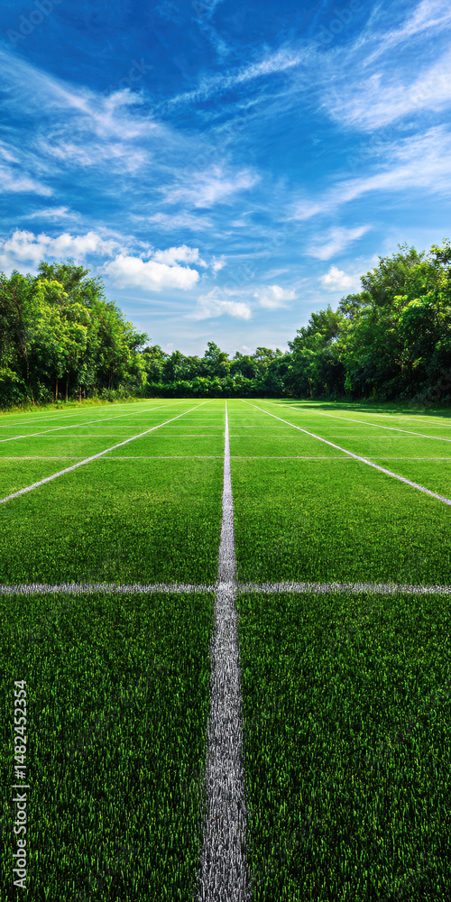 A pristine soccer field, marked with white lines, stretches ahead under a bright blue sky, surrounded by lush green trees, perfect for a day of outdoor sports.