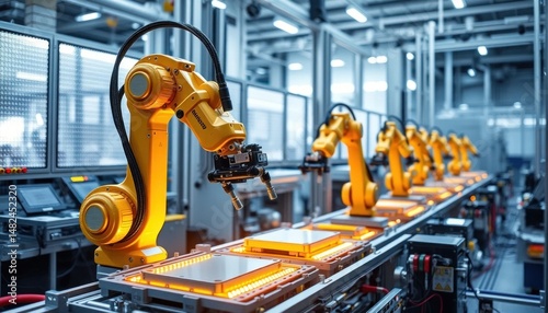 Robotic arm assembly line: automated manufacturing, industry 4.0 concept