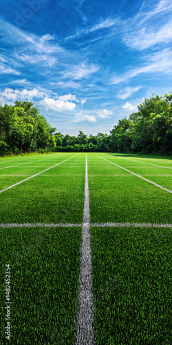 Obraz na płótnie A pristine soccer field, marked with white lines, stretches ahead under a bright blue sky, surrounded by lush green trees, perfect for a day of outdoor sports. w salonie