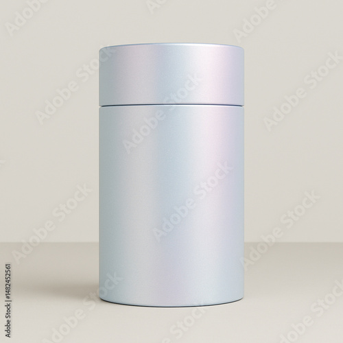 A high-quality 3D rendered image of a luxury cylindrical rigid paper tube packaging. The tube has a smooth, iridescent finish that reflects soft pastel hues of blue, pink, and lavender under diffused 