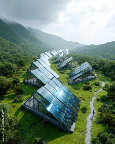 Futuristic Solar Panel Housing on Lush Green Hills