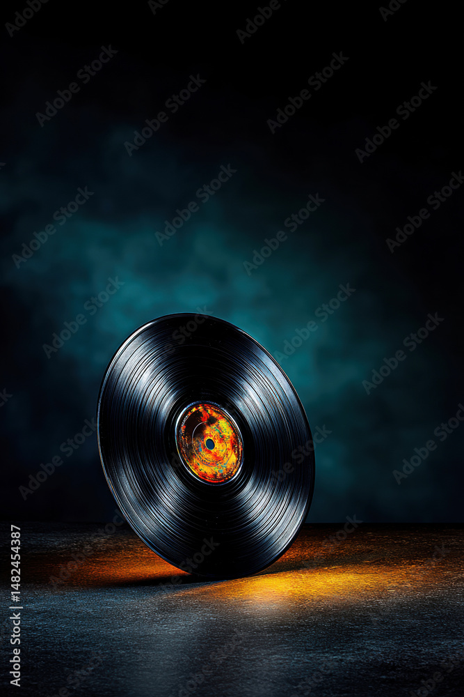 A stunning artistic portrayal of a vinyl record, elegantly illuminated against a dark background, highlighting the beauty of music and nostalgia through its glowing center.