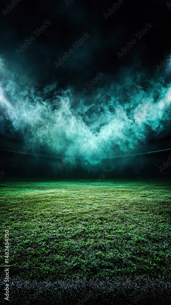 A captivating view of an empty stadium at night, shrouded in misty green fog.