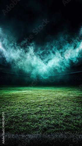 Obraz na płótnie A captivating view of an empty stadium at night, shrouded in misty green fog. w salonie