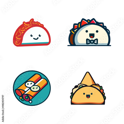 Plate With Food And Vegetables cartoon tacos with different fillings and facial expressions The tacos are yellow orange green and purple They have eyes mouths and cheeks They are floating against a wh
