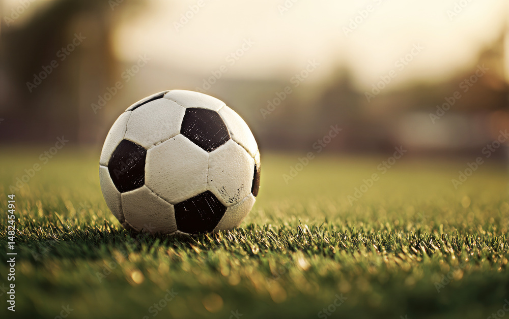 A close-up of a classic black-and-white soccer ball resting on vibrant green grass, capturing the essence of the game in a warm, golden hour glow.