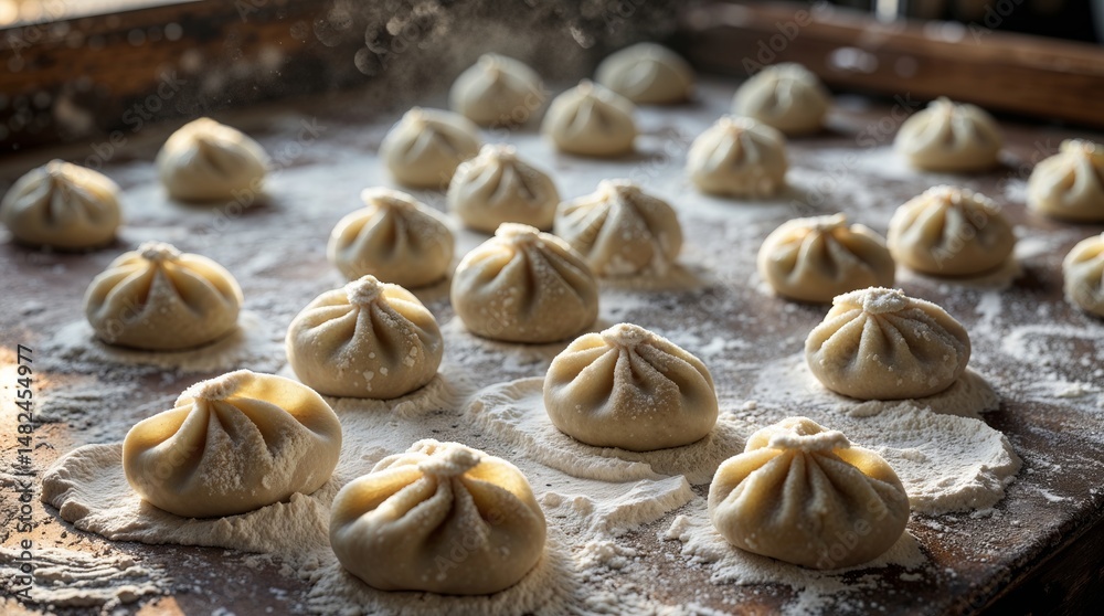 Dumplings being prepared on a floured surface in a bustling kitchen during the evening hours Dumplings being prepared on a floured surface in a bustling kitchen during the evening hours
