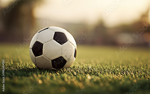Obraz na płótnie A close-up of a classic black-and-white soccer ball resting on vibrant green grass, capturing the essence of the game in a warm, golden hour glow. w salonie