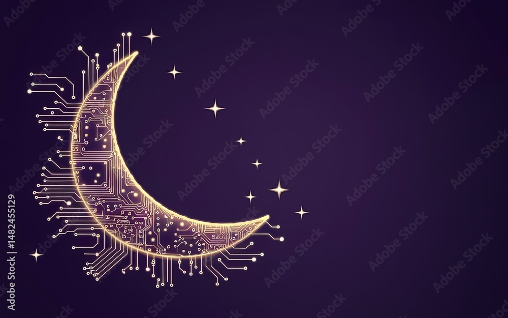 Naklejka premium Cybernetic Moon: A futuristic crescent moon crafted from intricate circuit board designs shines brightly against a deep purple sky, creating a mesmerizing blend of technology and celestial beauty.