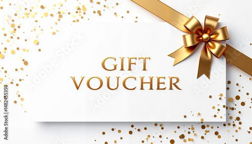 Elegant luxury gift voucher on a clean white background with a golden bow and scattered confetti, premium celebration concept. Perfect for promotional offers and holiday gifting.