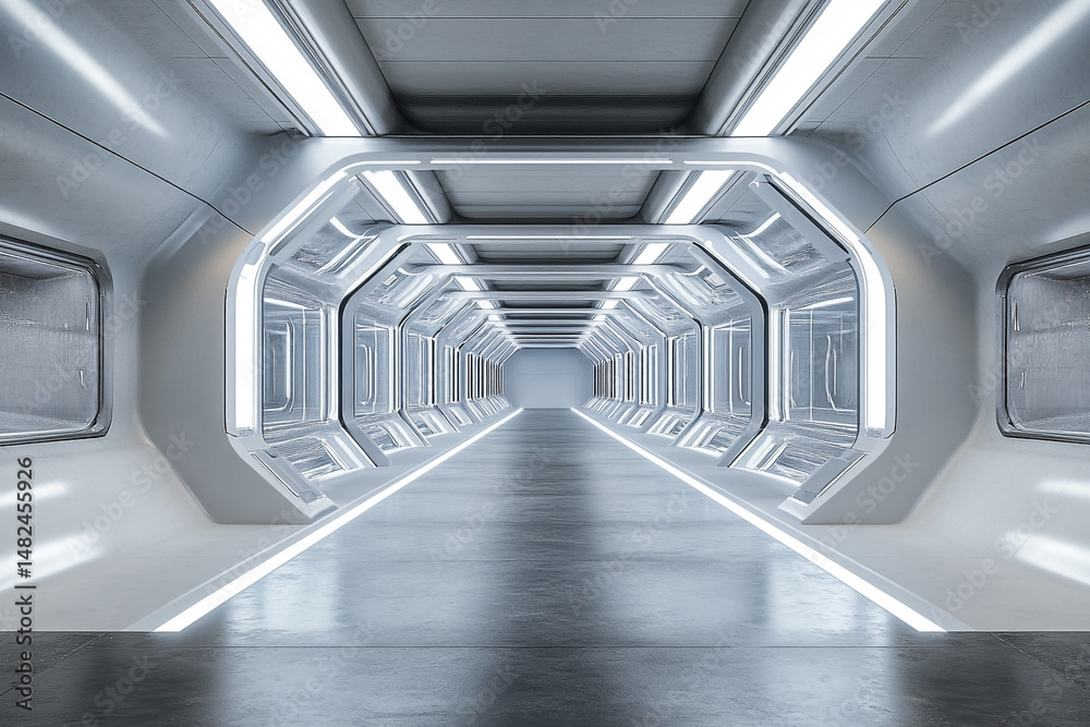 Obraz premium Futuristic spaceship corridor sleek design bright lights long hallway modern architecture