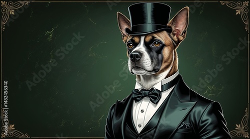 Stylish dog dressed in a tuxedo with a top hat and bow tie in an elegant setting creating a whimsical atmosphere