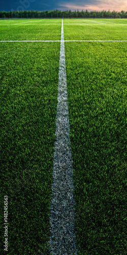 A picturesque view of a well-maintained soccer field, showcasing the vibrant green grass and distinct white line under a stunning twilight sky, inviting players and fans alike.