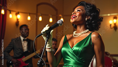 Radiant African-American female jazz singer performing passionately in a 1950s jazz club, evoking nostalgia and elegance.