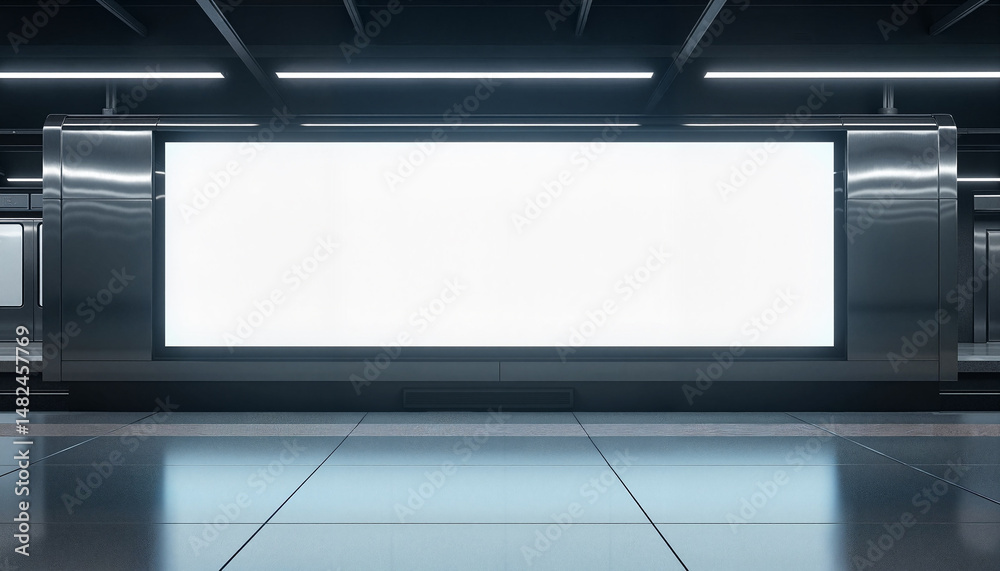 Obraz premium Blank digital billboard on a modern metro train platform with polished flooring and tunnel lights. Mockup, empty billboard frames with free space for text. Ready for advertisement
