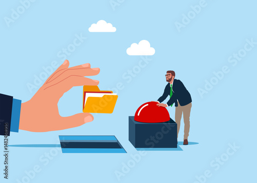 Tiny businessman presses the start red button. Think about organize folder, leadership skill or trust on work responsibility. Organize document files into archive folders