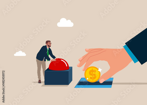 Businessman presses the start red button. Push start to open door and putting coin a pit money savings. Value of money increases over time. Modern vector illustration in flat style 