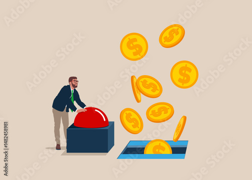 Businessman presses the start red button to open door and to see Golden Coins. Savings, Collecting Money in Account, Open Bank Deposit. World economic vision for business, technology, investment. 