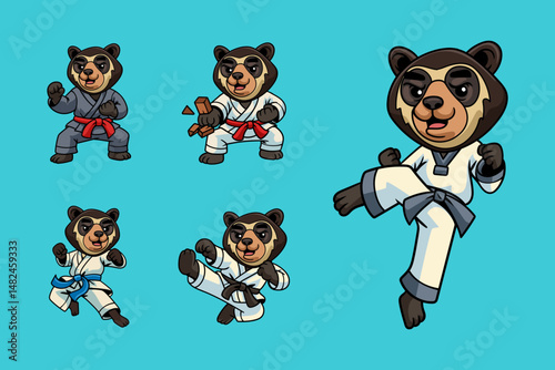 Set of cute cartoon Spectacled Bear in martial arts poses wearing karate uniforms. Fun and dynamic illustration perfect for kids, sports, and character design themes