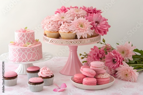 Elegant pink dessert table featuring a patterned cake, cupcakes, macarons, and fresh flowers, creating a visually cohesive and festive celebration display. generative ai photo