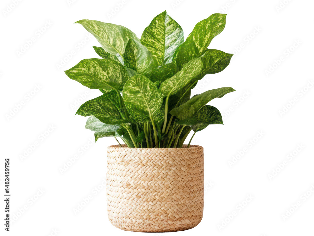 Naklejka premium Lush green plant in a natural woven basket for home decor, cut out transparent
