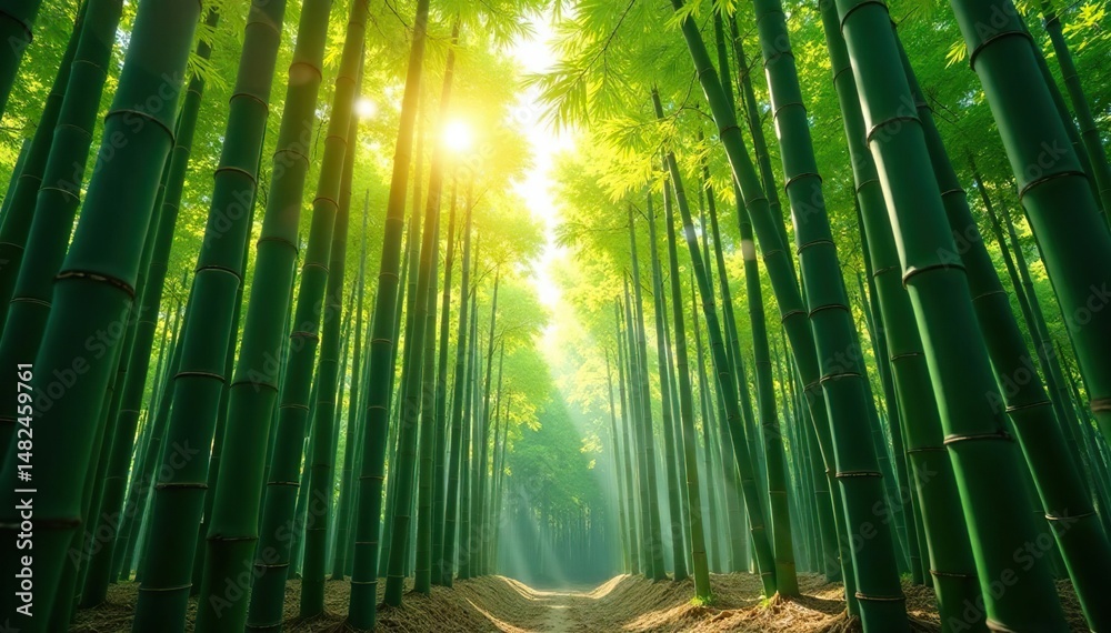 Fototapeta premium Serene bamboo forest, sunlight filtering through tall stalks , far east, bright, spring