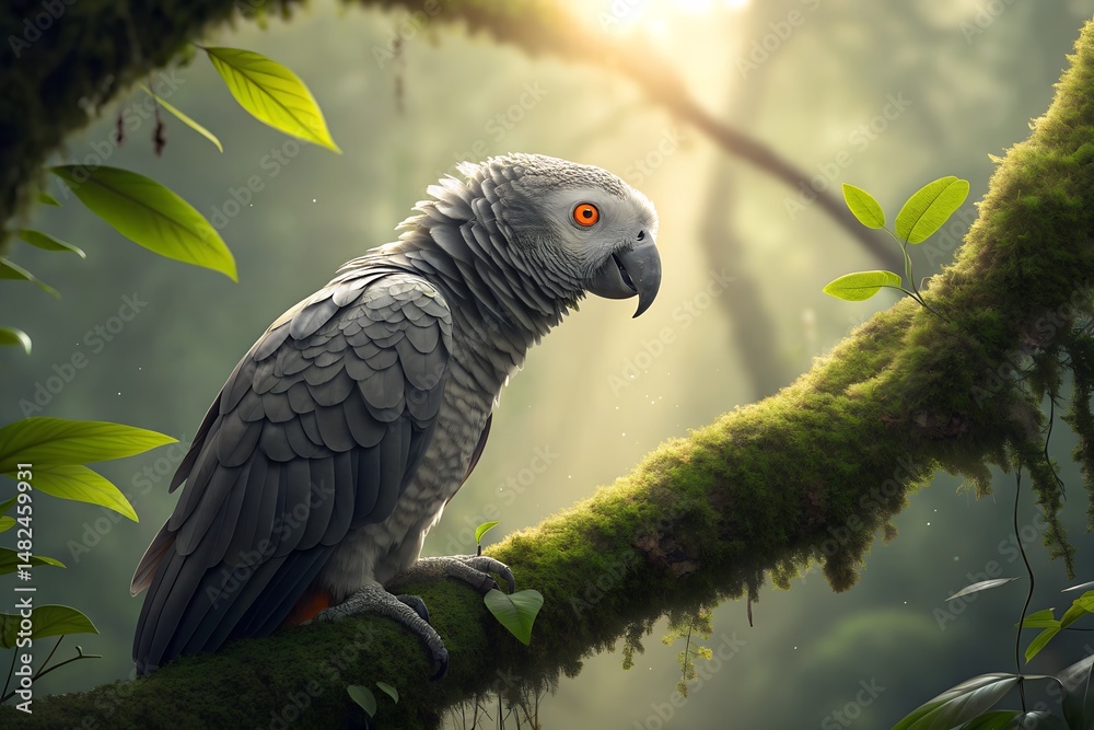 Fototapeta premium Grey parrot perched on moss-covered branch in forest, illuminated by sunlight filtering through dense foliage, highlighting wildlife and natural beauty generative ai