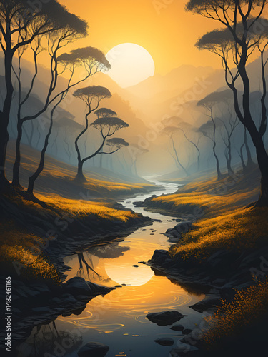 Sun-kissed, amber-infused rivulets meandering lazily across a dark, misty landscape. Mystic Incubation. Illustration