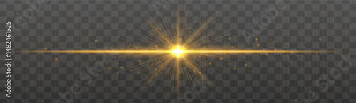 Horizontal light flare with glowing rays and floating sparkles on transparent background. Elegant vector glow effect for highlights, decoration, or festive design.