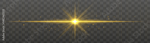 Horizontal light flare with glowing rays and floating sparkles on transparent background. Elegant vector glow effect for highlights, decoration, or festive design.