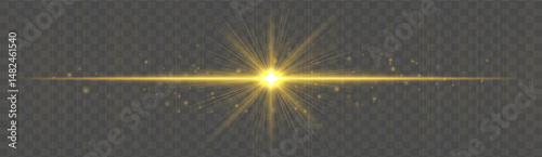 Horizontal light flare with glowing rays and floating sparkles on transparent background. Elegant vector glow effect for highlights, decoration, or festive design.