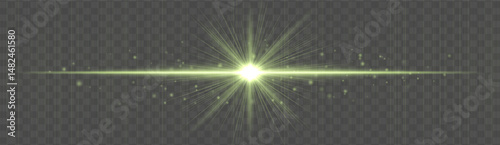 Horizontal light flare with glowing rays and floating sparkles on transparent background. Elegant vector glow effect for highlights, decoration, or festive design.