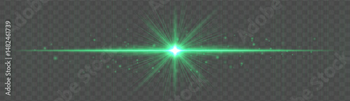 Horizontal light flare with glowing rays and floating sparkles on transparent background. Elegant vector glow effect for highlights, decoration, or festive design.