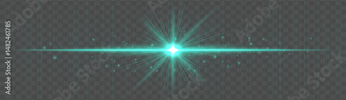 Horizontal light flare with glowing rays and floating sparkles on transparent background. Elegant vector glow effect for highlights, decoration, or festive design.