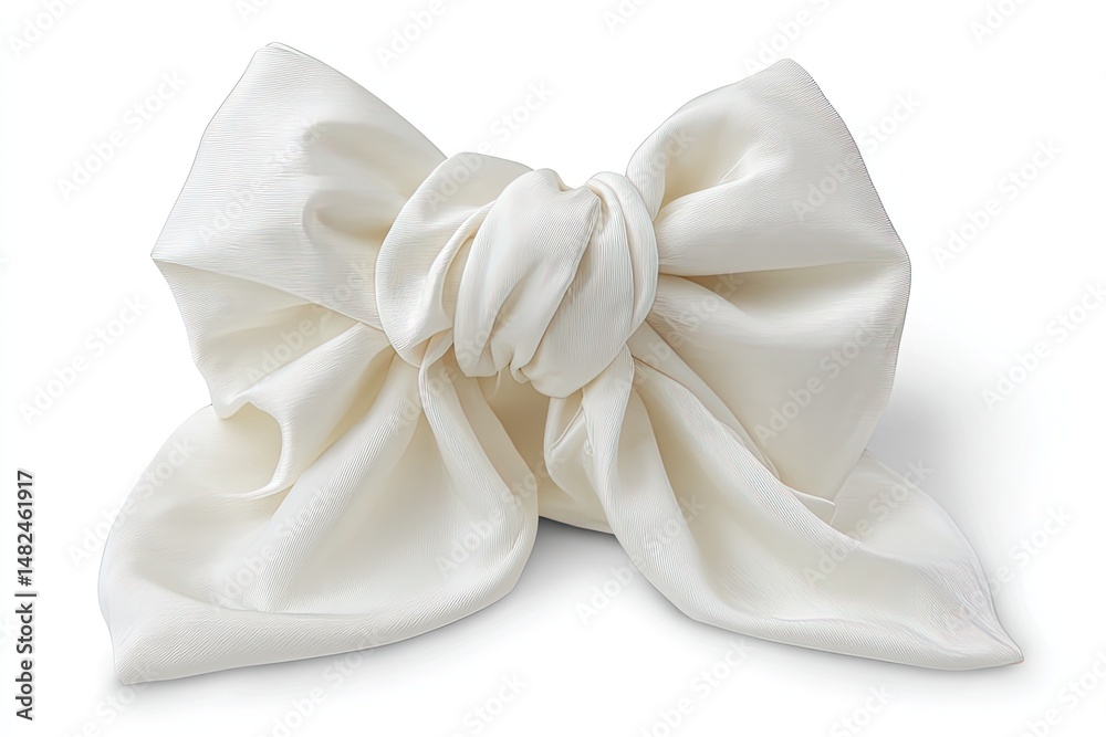 Elegant white fabric bow. A meticulously tied, smooth, off-white fabric bow, likely silk or satin, knotted and draped Elegant white fabric bow. A meticulously tied, smooth, off-white fabric bow, likely silk or satin, knotted and draped