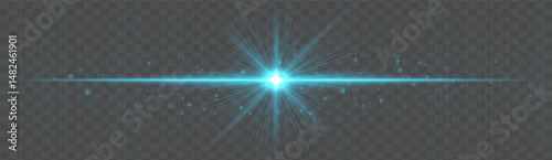 Horizontal light flare with glowing rays and floating sparkles on transparent background. Elegant vector glow effect for highlights, decoration, or festive design.