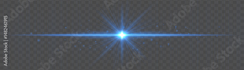 Horizontal light flare with glowing rays and floating sparkles on transparent background. Elegant vector glow effect for highlights, decoration, or festive design.