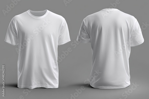 Blank white t-shirt, front and back views,  ready for design.  A simple, versatile garment, perfect for showcasing custom graphics or artwork photo