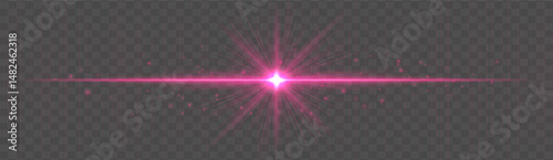 Horizontal light flare with glowing rays and floating sparkles on transparent background. Elegant vector glow effect for highlights, decoration, or festive design.