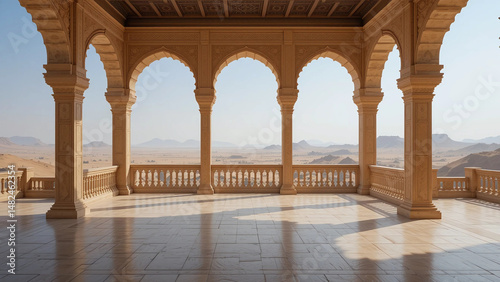 Wide Islamic terrace with carved stone railings, offering panoramic views of endless golden desert dunes under a clear blue sky