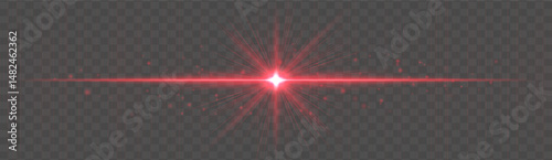 Horizontal light flare with glowing rays and floating sparkles on transparent background. Elegant vector glow effect for highlights, decoration, or festive design.